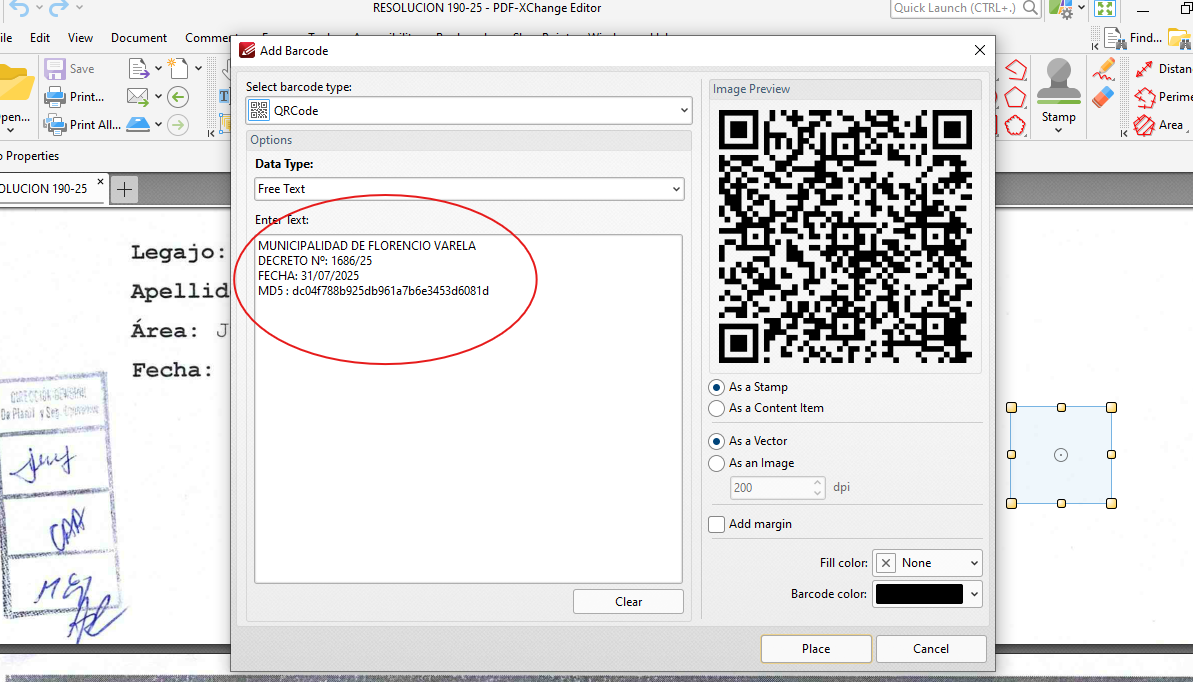 Ventana de creación de código QR con metadatos